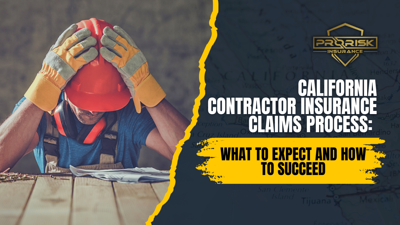 Stressed construction worker in safety gear holding head in hands, symbolizing challenges in the California contractor insurance claims process, with text overlay on what to expect and how to succeed from Pro Risk Insurance.
