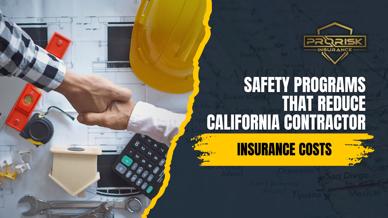 Two people shaking hands over construction blueprints surrounded by tools, calculator, and hard hat, representing safety programs that help reduce California contractor insurance costs from Pro Risk Insurance.