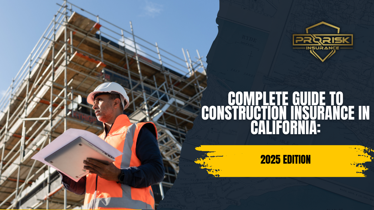 Construction worker in safety vest and hard hat holding documents at a building site, promoting Pro Risk Insurance’s Complete Guide to Construction Insurance in California – 2025 Edition.