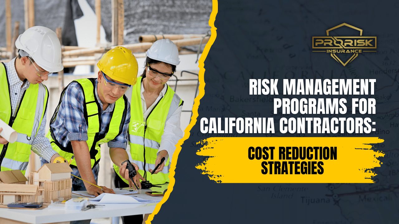 Team of construction professionals in safety vests and helmets reviewing building plans on-site, illustrating risk management programs for California contractors with a focus on cost reduction strategies from Pro Risk Insurance.