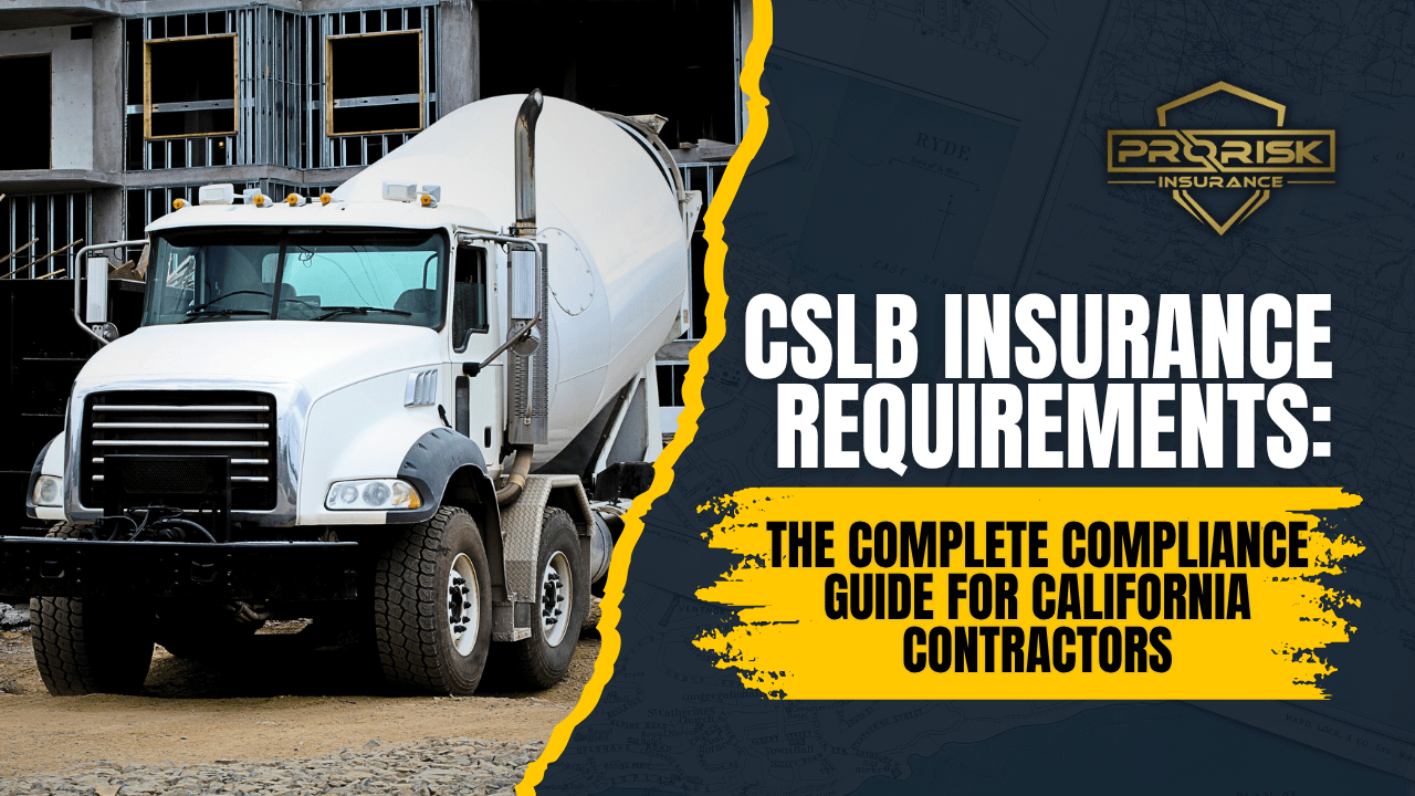 White cement mixer truck at a construction site, representing CSLB insurance requirements and the complete compliance guide for California contractors from Pro Risk Insurance.