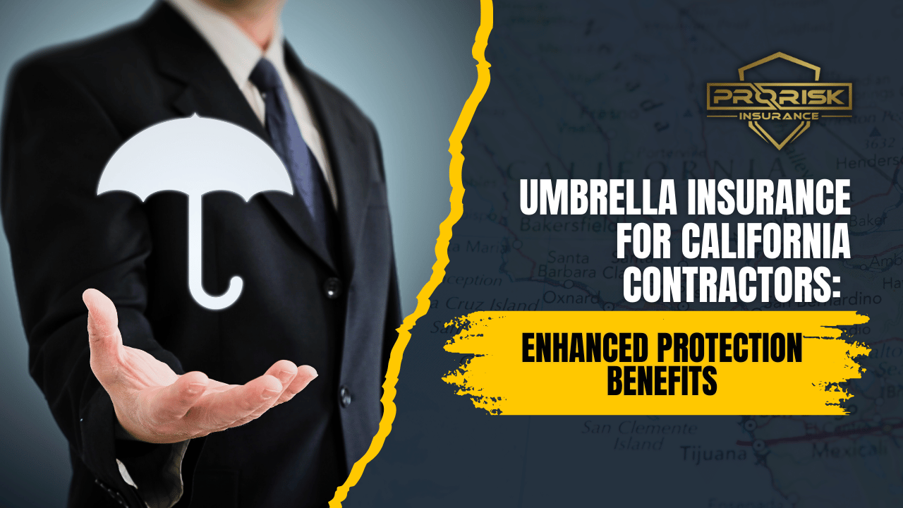 Business professional holding a digital umbrella icon, representing umbrella insurance for California contractors and its enhanced protection benefits, from Pro Risk Insurance.