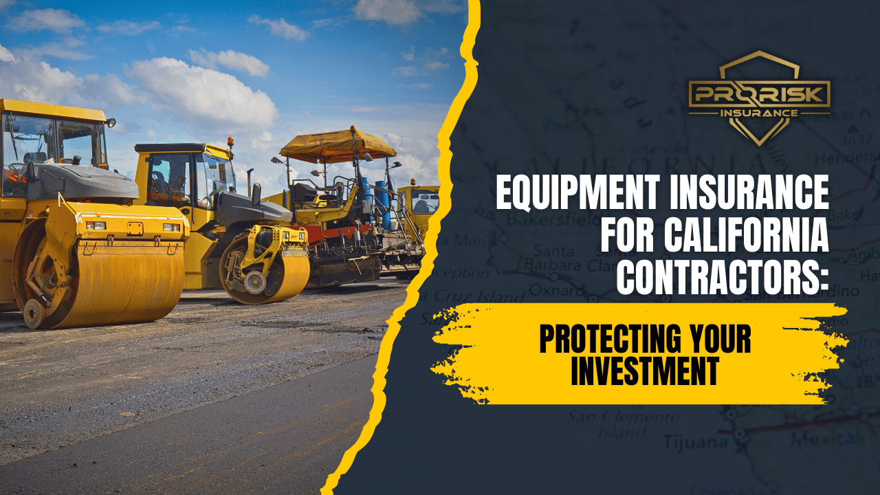 Row of heavy construction equipment, including road rollers and paving machines, representing equipment insurance for California contractors to protect valuable investments, from Pro Risk Insurance.