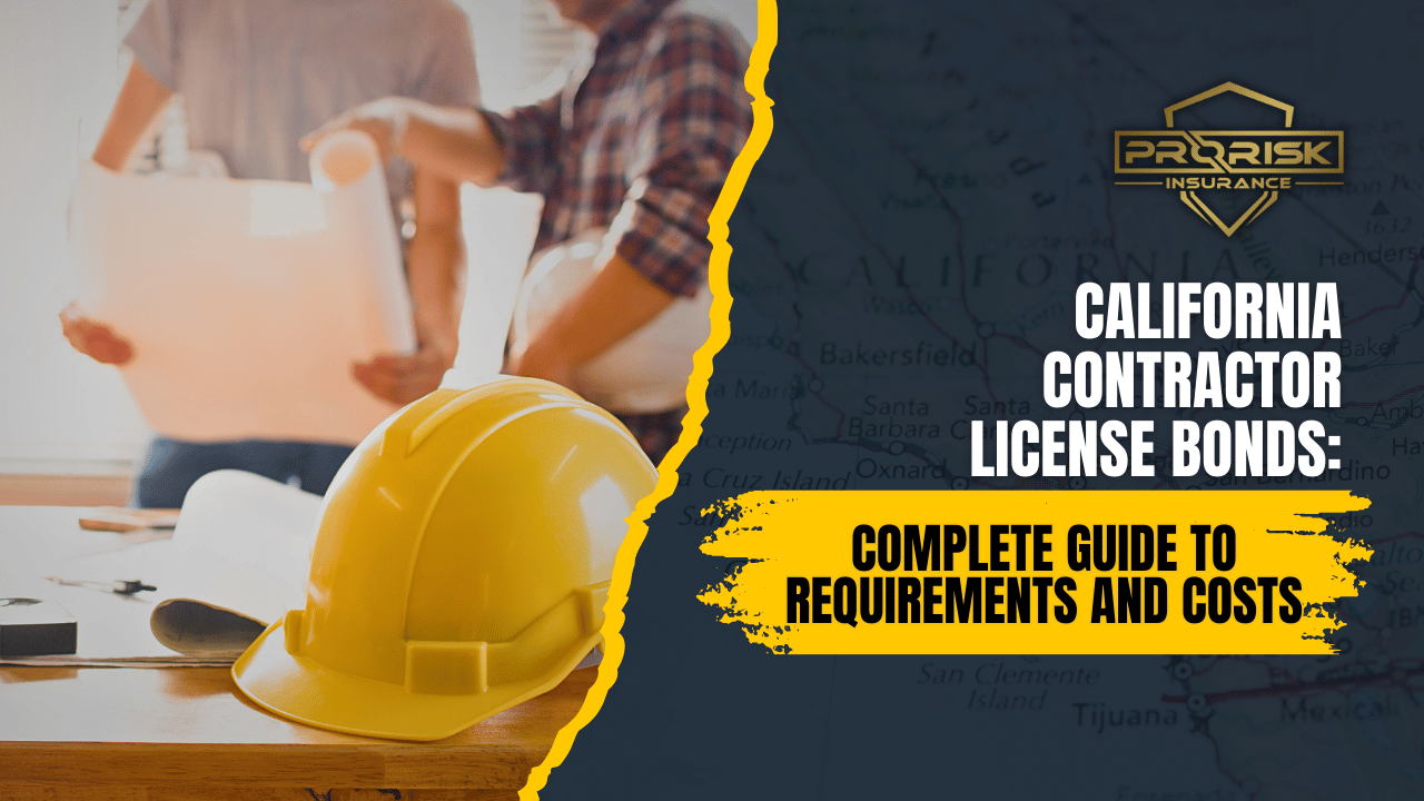 Yellow construction hard hat on a table with blueprints, with two contractors reviewing plans in the background, representing California contractor license bonds and a complete guide to requirements and costs from Pro Risk Insurance.